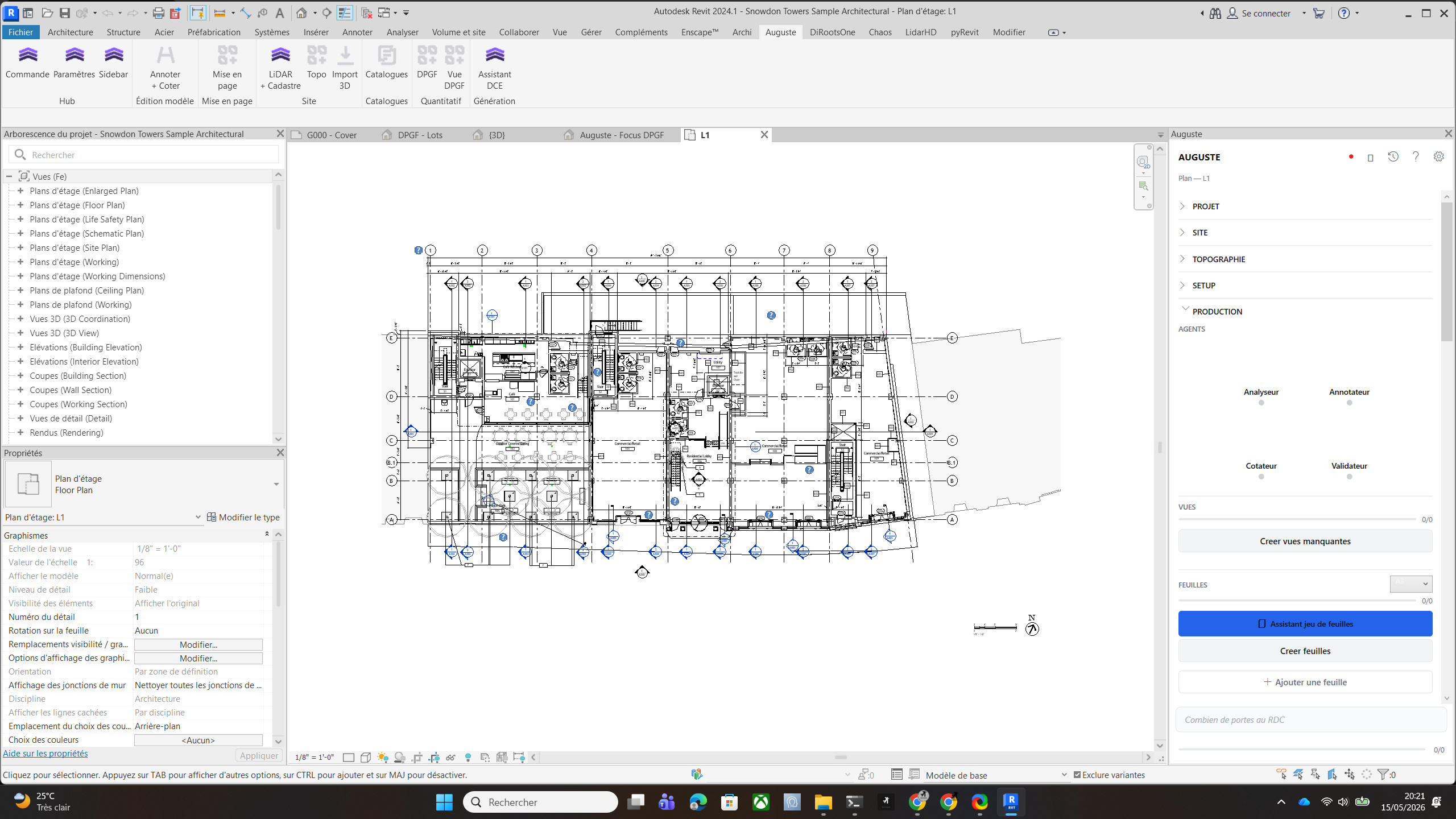 Plan d'étage Revit avec la sidebar Auguste — exemple d'un L1 de projet de logements