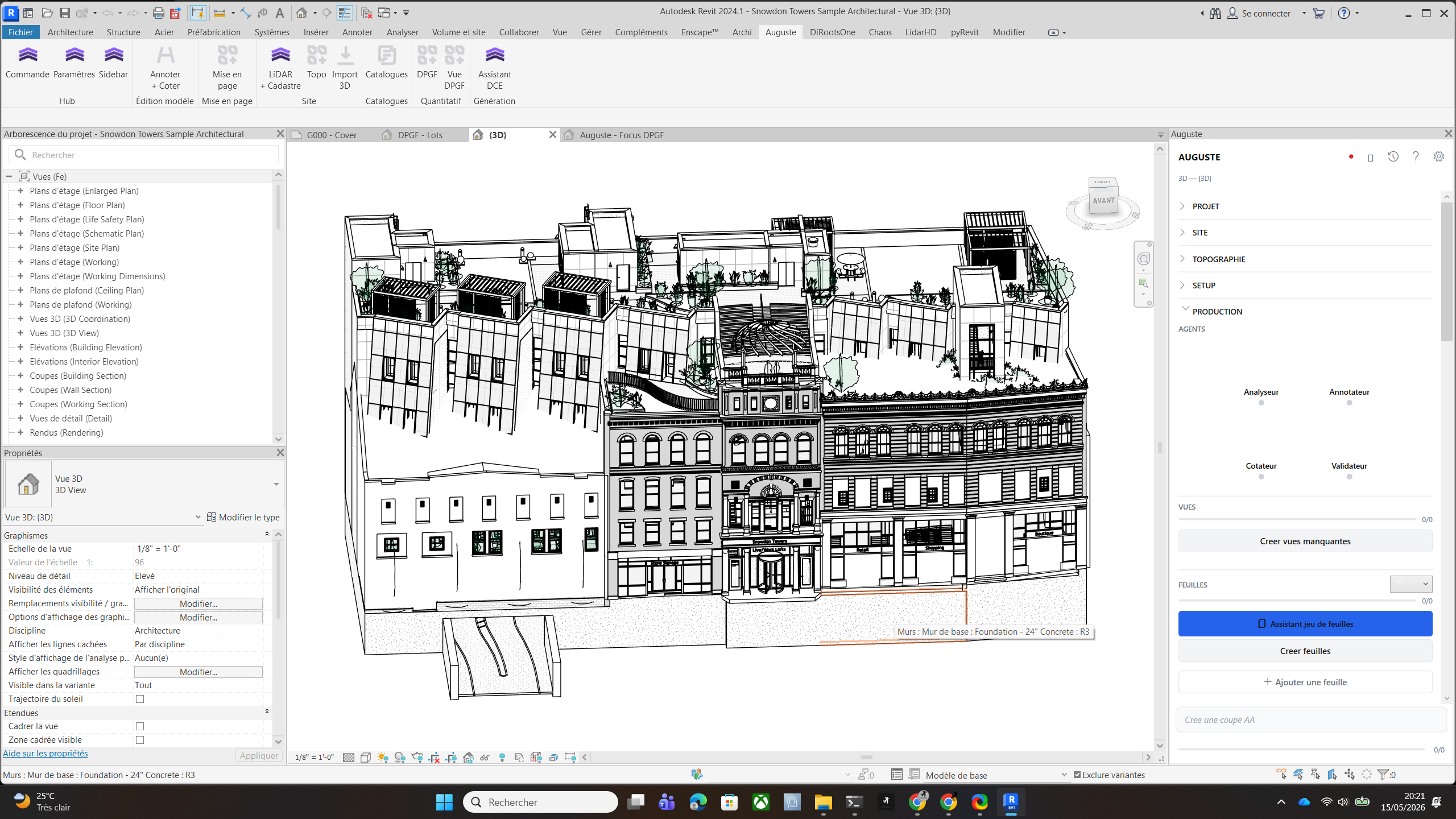 Vue Revit complète : maquette Snowdon Towers en 3D + sidebar Auguste à droite + ruban