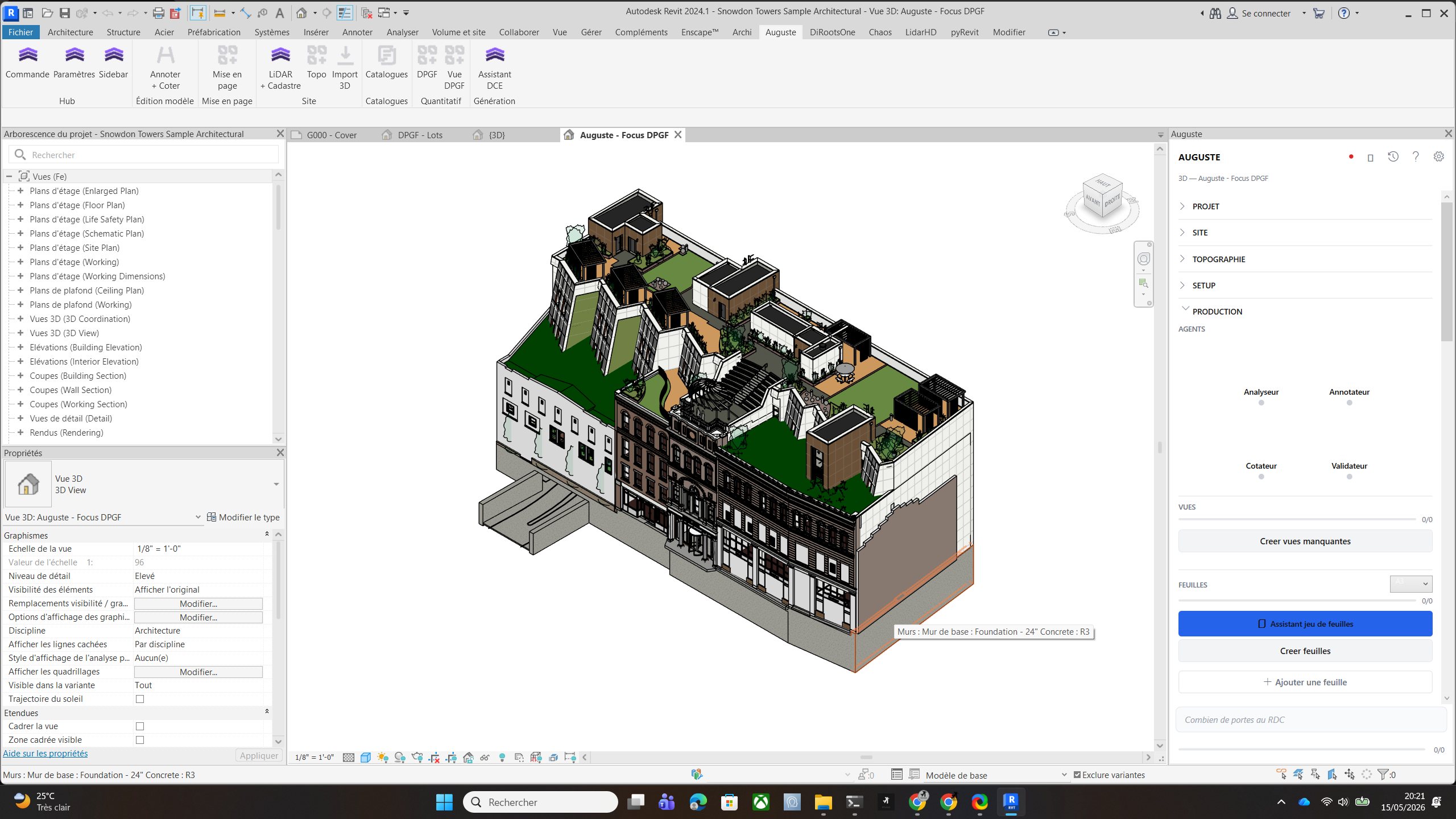 Vue 3D Focus dans le contexte Revit complet — sidebar Auguste à droite, project browser à gauche, vue isolée au centre