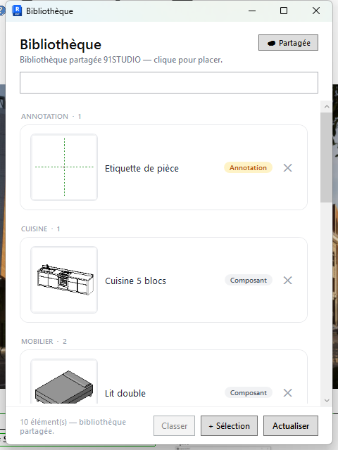 La fenêtre Bibliothèque, mode partagé