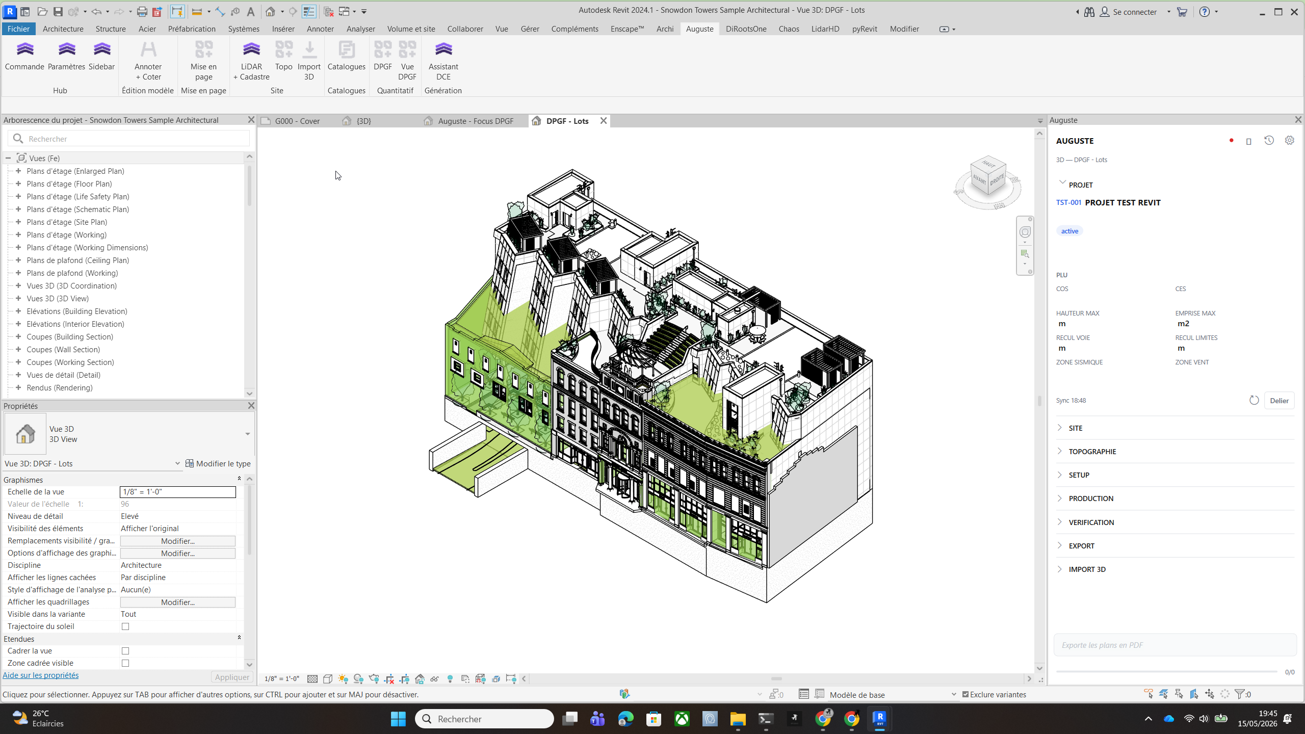Vue 3D "DPGF — Lots" : chaque type d'élément associé à un lot reçoit la couleur de ce lot, le reste reste en blanc/gris