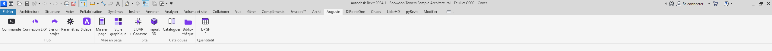 Le ruban Auguste dans Revit : Hub (Commande, Connexion ERP, Lier un projet, Paramètres, Sidebar), Mise en page, Site, Catalogues, Quantitatif