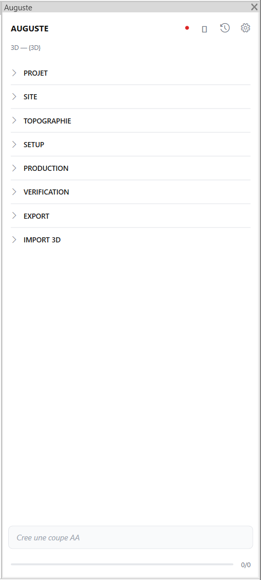 La sidebar Auguste avec ses sections principales — vous la verrez à droite de votre écran Revit