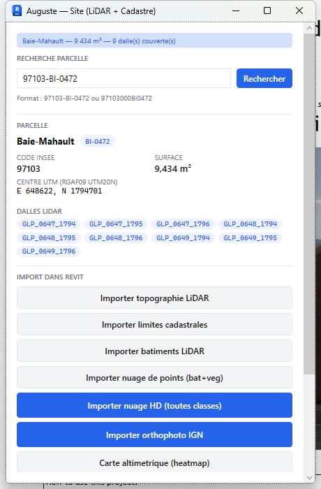La fenêtre Site après recherche d'une parcelle